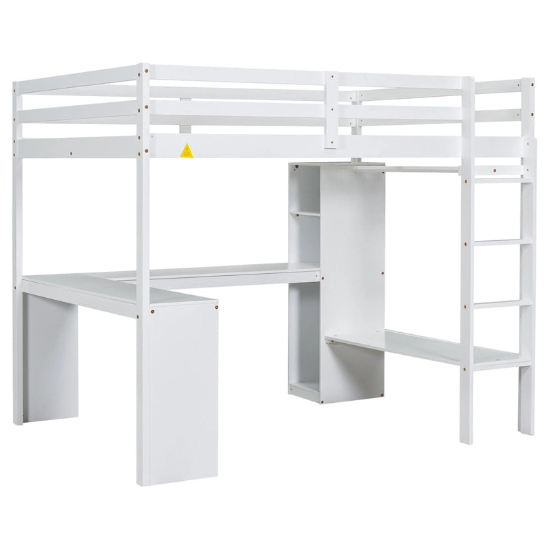 Lit mezzanine en bois massif avec bureau en L, penderie ouverte, armoire, 2 tiroirs et étagères de rangement