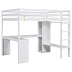 Lit mezzanine en bois massif avec bureau en L, penderie ouverte, armoire, 2 tiroirs et étagères de rangement