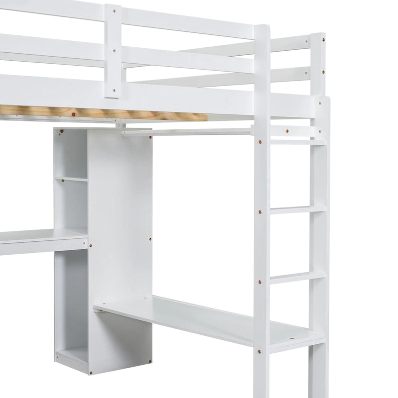 Lit mezzanine en bois massif avec bureau en L, penderie ouverte, armoire, 2 tiroirs et étagères de rangement