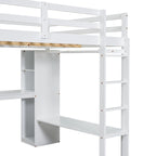 Lit mezzanine en bois massif avec bureau en L, penderie ouverte, armoire, 2 tiroirs et étagères de rangement