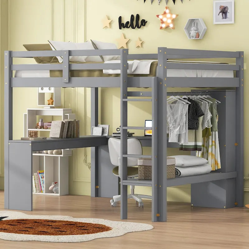 Lit mezzanine en bois massif avec bureau en L, penderie ouverte, armoire, 2 tiroirs et étagères de rangement