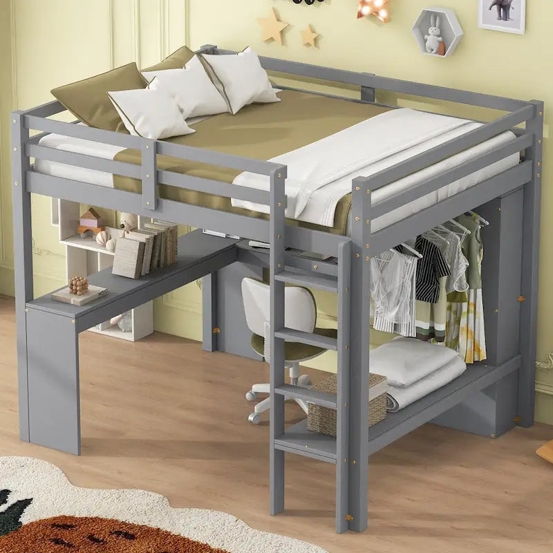 Lit mezzanine en bois massif avec bureau en L, penderie ouverte, armoire, 2 tiroirs et étagères de rangement