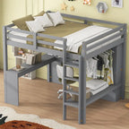 Lit mezzanine en bois massif avec bureau en L, penderie ouverte, armoire, 2 tiroirs et étagères de rangement