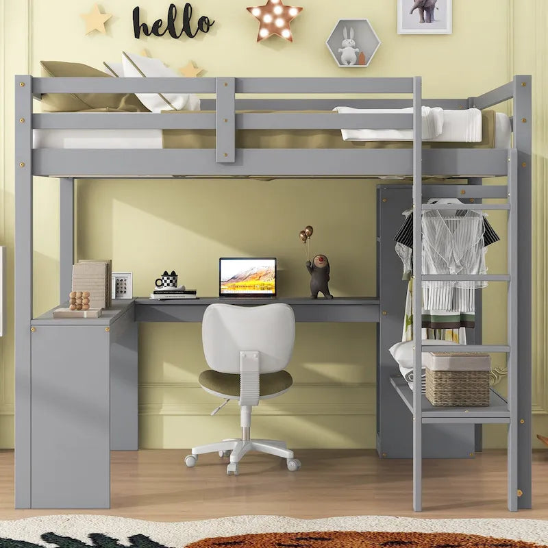 Lit mezzanine en bois massif avec bureau en L, penderie ouverte, armoire, 2 tiroirs et étagères de rangement