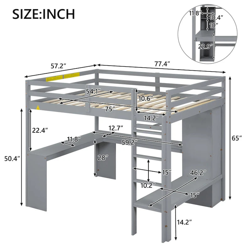 Lit mezzanine en bois massif avec bureau en L, penderie ouverte, armoire, 2 tiroirs et étagères de rangement