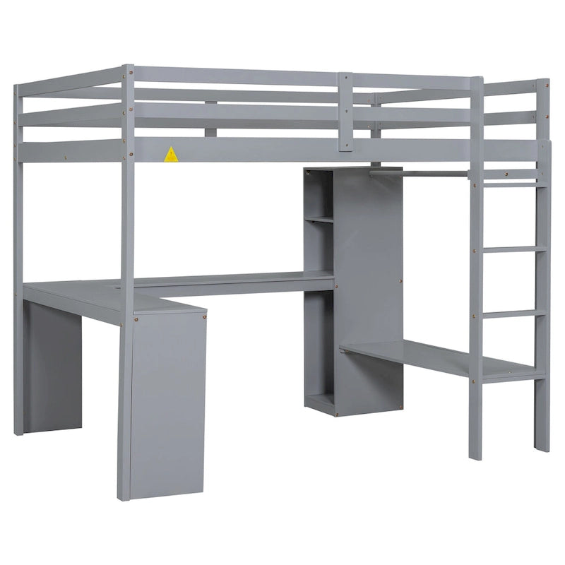 Lit mezzanine en bois massif avec bureau en L, penderie ouverte, armoire, 2 tiroirs et étagères de rangement
