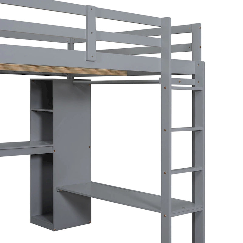Lit mezzanine en bois massif avec bureau en L, penderie ouverte, armoire, 2 tiroirs et étagères de rangement