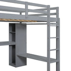 Lit mezzanine en bois massif avec bureau en L, penderie ouverte, armoire, 2 tiroirs et étagères de rangement