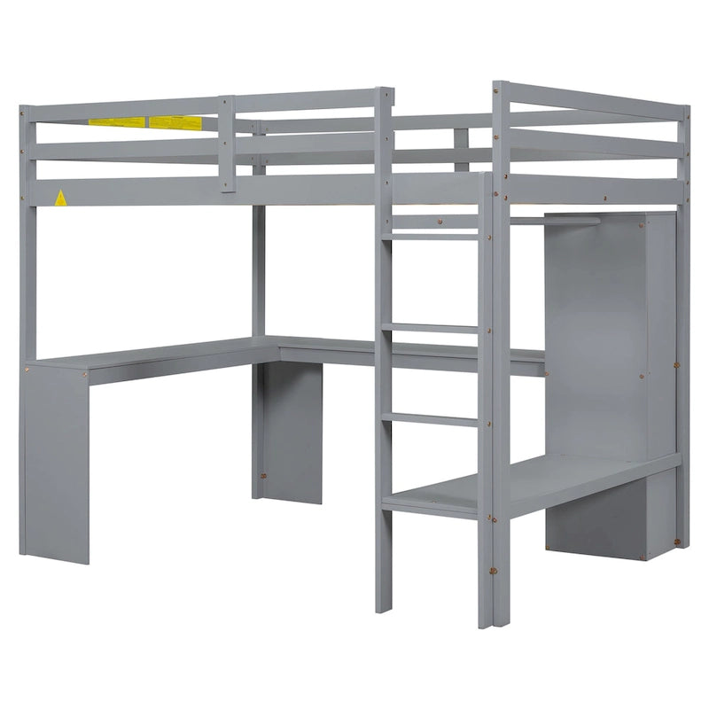 Lit mezzanine en bois massif avec bureau en L, penderie ouverte, armoire, 2 tiroirs et étagères de rangement