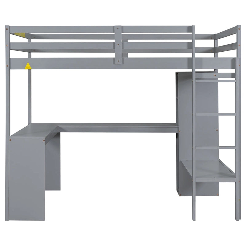 Lit mezzanine en bois massif avec bureau en L, penderie ouverte, armoire, 2 tiroirs et étagères de rangement