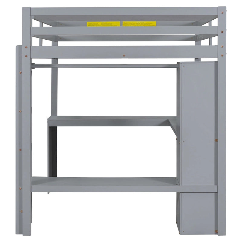 Lit mezzanine en bois massif avec bureau en L, penderie ouverte, armoire, 2 tiroirs et étagères de rangement