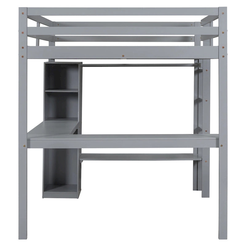 Lit mezzanine en bois massif avec bureau en L, penderie ouverte, armoire, 2 tiroirs et étagères de rangement