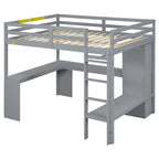Lit mezzanine en bois massif avec bureau en L, penderie ouverte, armoire, 2 tiroirs et étagères de rangement