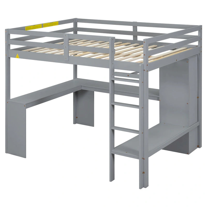Lit mezzanine en bois massif avec bureau en L, penderie ouverte, armoire, 2 tiroirs et étagères de rangement
