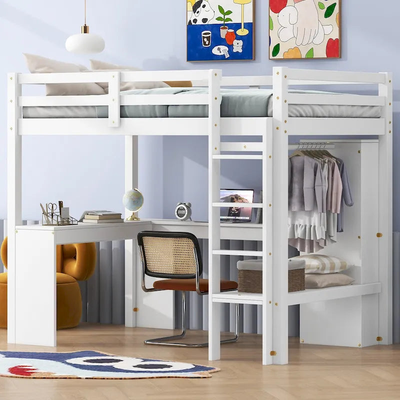 Lit mezzanine en bois massif avec bureau en L, penderie ouverte, armoire, 2 tiroirs et étagères de rangement