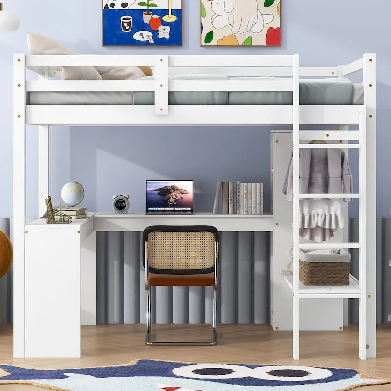 Lit mezzanine en bois massif avec bureau en L, penderie ouverte, armoire, 2 tiroirs et étagères de rangement
