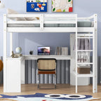 Lit mezzanine en bois massif avec bureau en L, penderie ouverte, armoire, 2 tiroirs et étagères de rangement