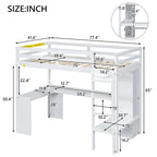 Lit mezzanine en bois massif avec bureau en L, penderie ouverte, armoire, 2 tiroirs et étagères de rangement