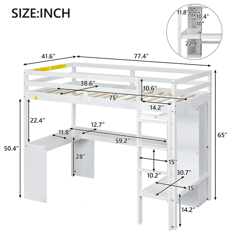 Lit mezzanine en bois massif avec bureau en L, penderie ouverte, armoire, 2 tiroirs et étagères de rangement