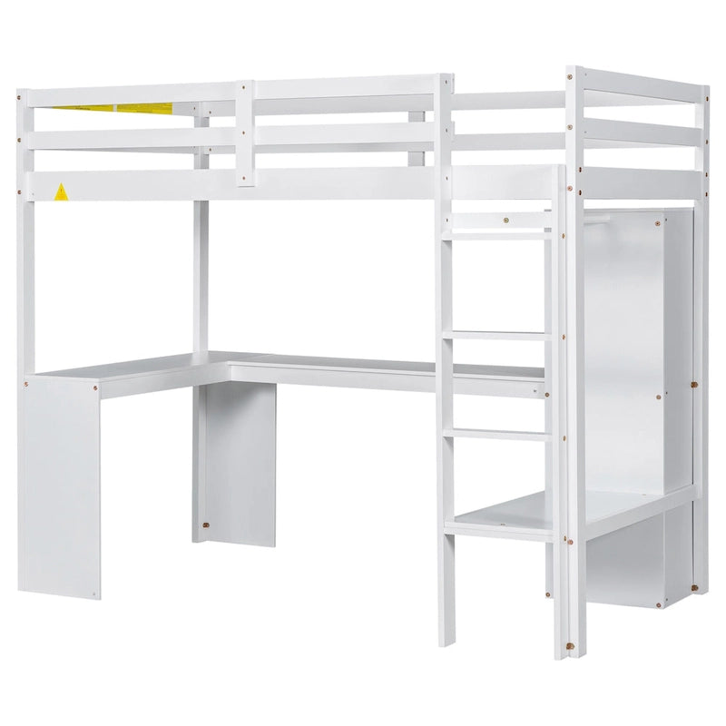 Lit mezzanine en bois massif avec bureau en L, penderie ouverte, armoire, 2 tiroirs et étagères de rangement