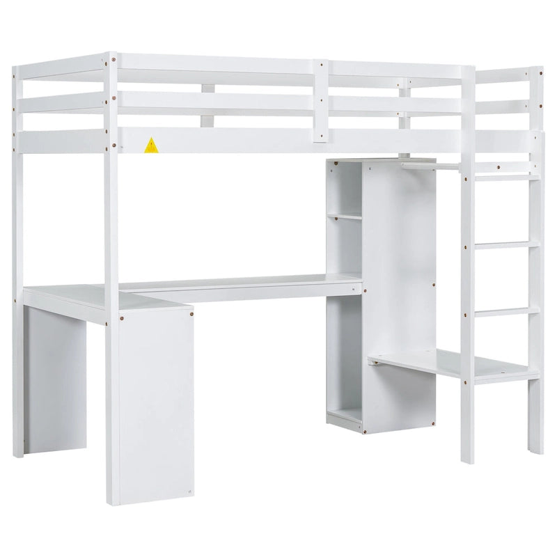 Lit mezzanine en bois massif avec bureau en L, penderie ouverte, armoire, 2 tiroirs et étagères de rangement