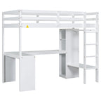 Lit mezzanine en bois massif avec bureau en L, penderie ouverte, armoire, 2 tiroirs et étagères de rangement