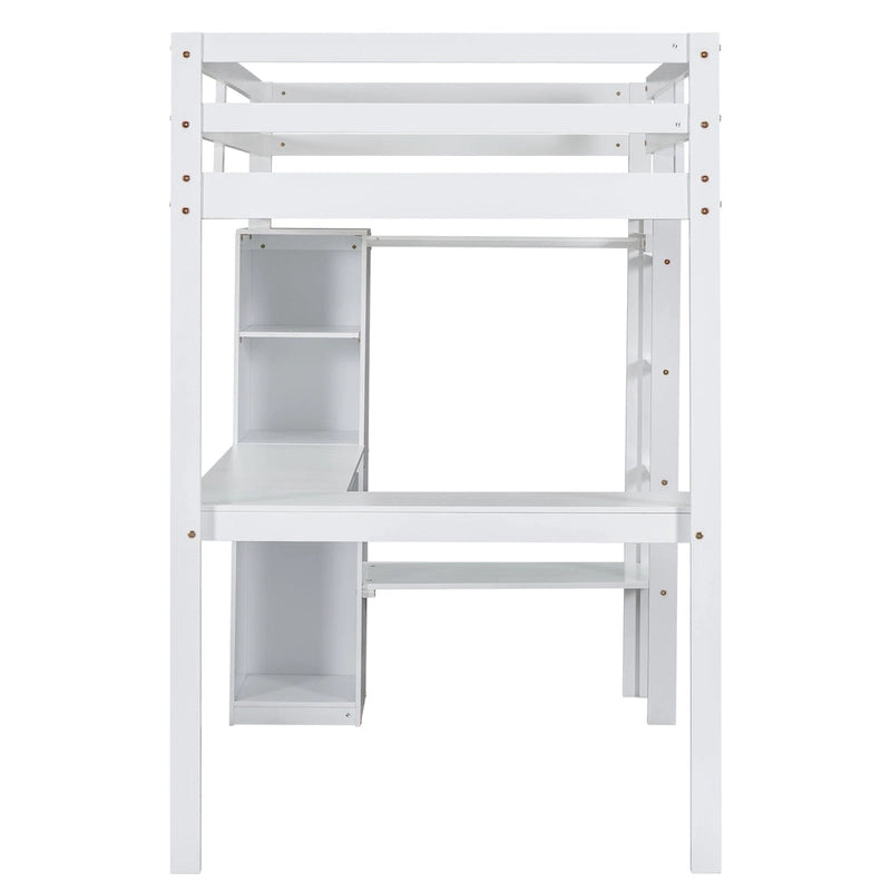 Lit mezzanine en bois massif avec bureau en L, penderie ouverte, armoire, 2 tiroirs et étagères de rangement