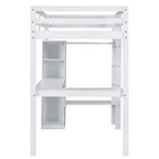 Lit mezzanine en bois massif avec bureau en L, penderie ouverte, armoire, 2 tiroirs et étagères de rangement
