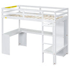 Lit mezzanine en bois massif avec bureau en L, penderie ouverte, armoire, 2 tiroirs et étagères de rangement
