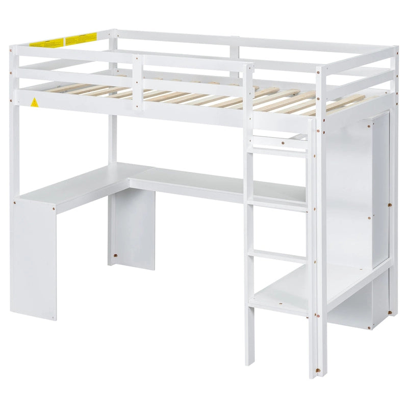 Lit mezzanine en bois massif avec bureau en L, penderie ouverte, armoire, 2 tiroirs et étagères de rangement