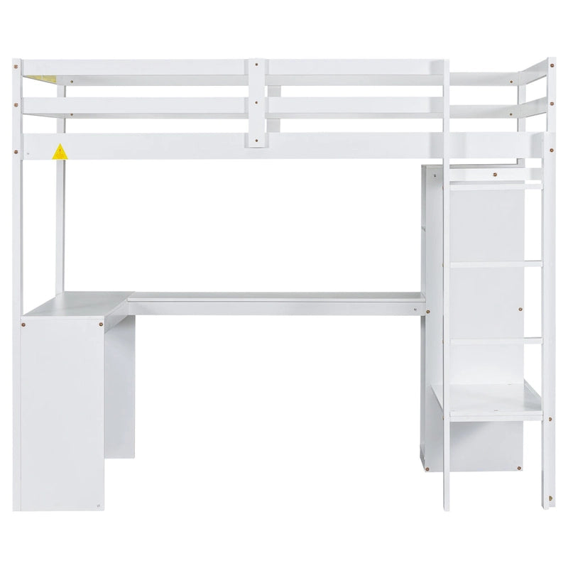 Lit mezzanine en bois massif avec bureau en L, penderie ouverte, armoire, 2 tiroirs et étagères de rangement