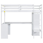 Lit mezzanine en bois massif avec bureau en L, penderie ouverte, armoire, 2 tiroirs et étagères de rangement