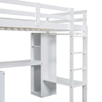 Lit mezzanine en bois massif avec bureau en L, penderie ouverte, armoire, 2 tiroirs et étagères de rangement