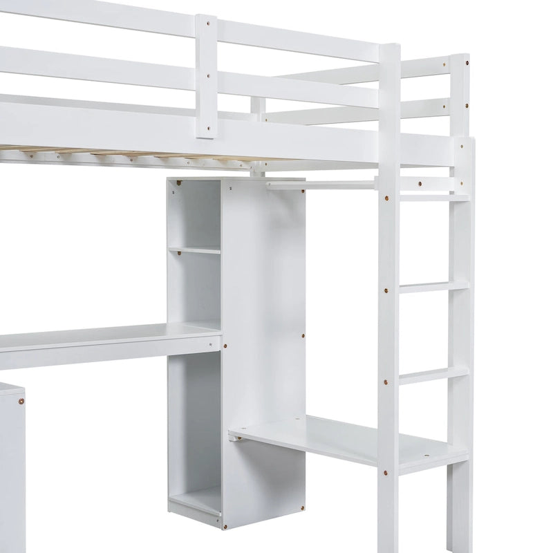 Lit mezzanine en bois massif avec bureau en L, penderie ouverte, armoire, 2 tiroirs et étagères de rangement