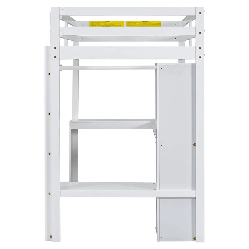Lit mezzanine en bois massif avec bureau en L, penderie ouverte, armoire, 2 tiroirs et étagères de rangement
