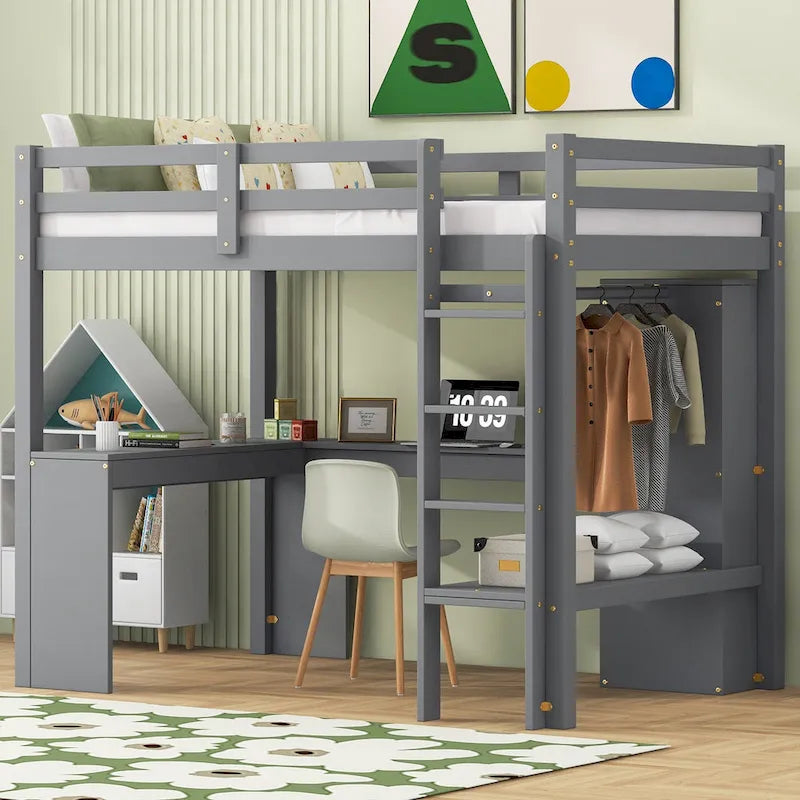 Lit mezzanine en bois massif avec bureau en L, penderie ouverte, armoire, 2 tiroirs et étagères de rangement
