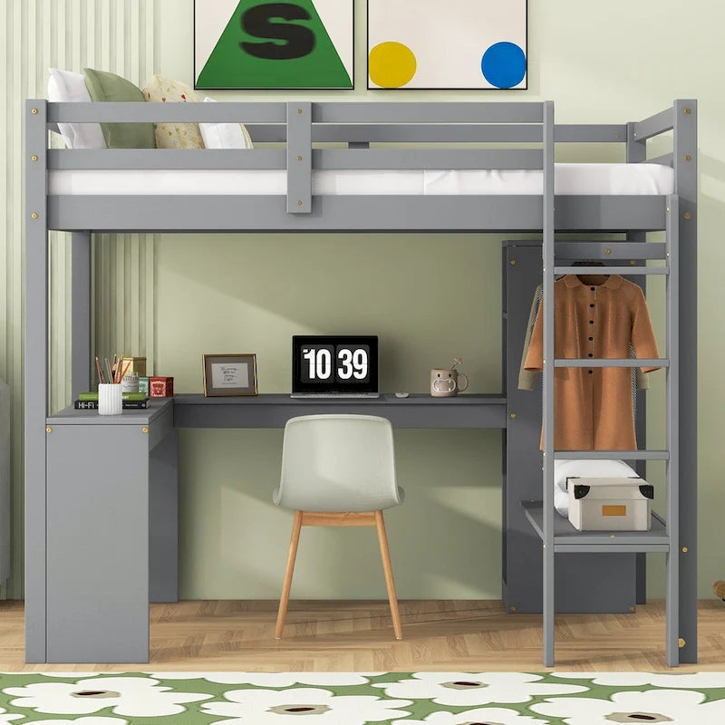 Lit mezzanine en bois massif avec bureau en L, penderie ouverte, armoire, 2 tiroirs et étagères de rangement