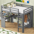 Lit mezzanine en bois massif avec bureau en L, penderie ouverte, armoire, 2 tiroirs et étagères de rangement