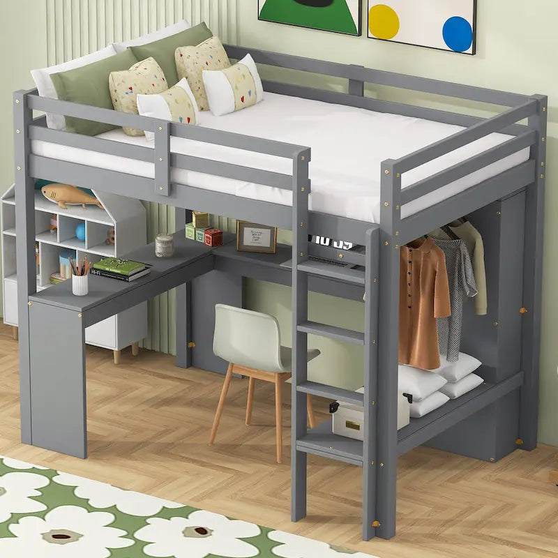 Lit mezzanine en bois massif avec bureau en L, penderie ouverte, armoire, 2 tiroirs et étagères de rangement