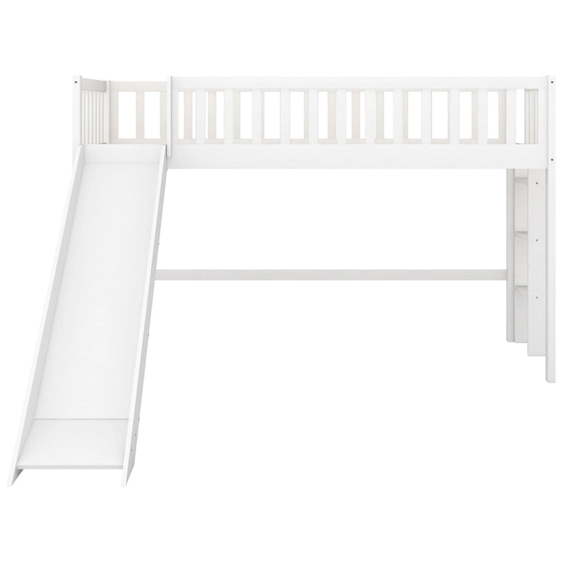 Lit mezzanine bas en pin massif pour jumeaux avec toboggan amovible et échelle verticale côté droit