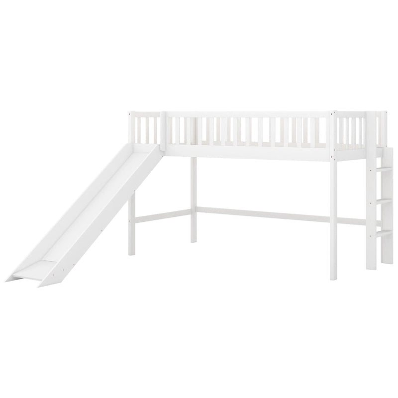 Lit mezzanine bas en pin massif pour jumeaux avec toboggan amovible et échelle verticale côté droit