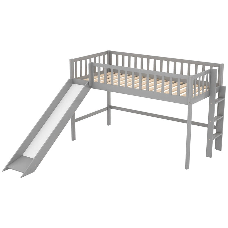 Lit mezzanine bas en pin massif pour jumeaux avec toboggan amovible et échelle verticale côté droit
