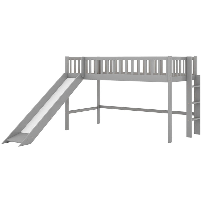 Lit mezzanine bas en pin massif pour jumeaux avec toboggan amovible et échelle verticale côté droit