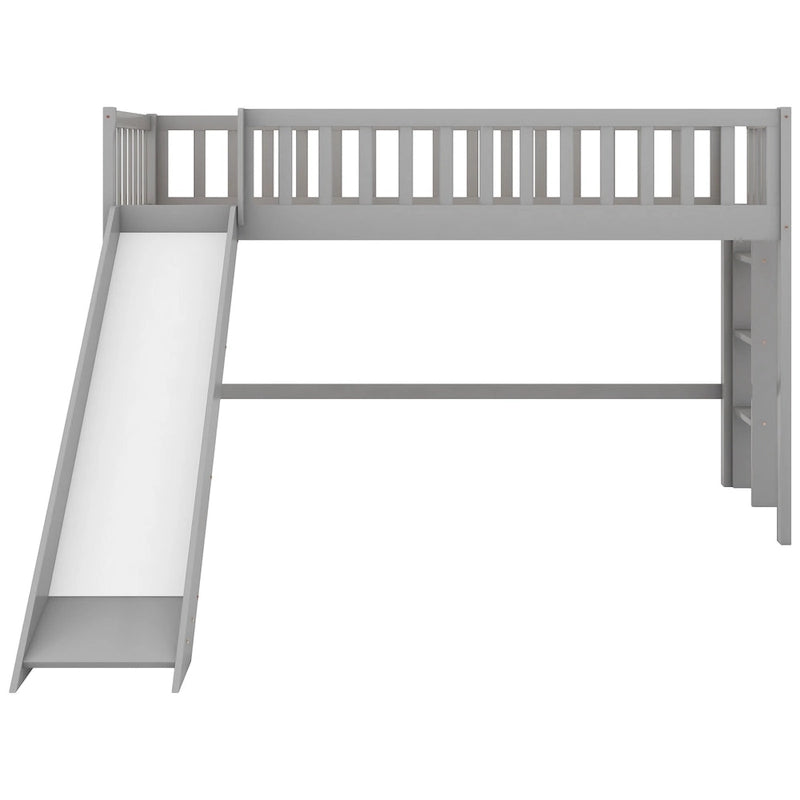 Lit mezzanine bas en pin massif pour jumeaux avec toboggan amovible et échelle verticale côté droit