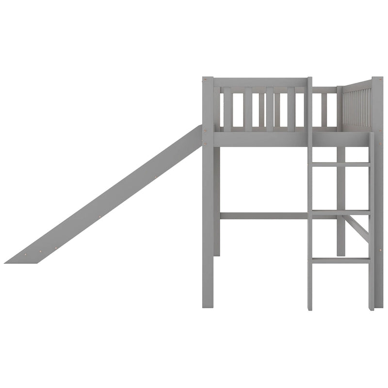 Lit mezzanine bas en pin massif pour jumeaux avec toboggan amovible et échelle verticale côté droit