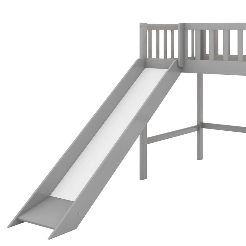 Lit mezzanine bas en pin massif pour jumeaux avec toboggan amovible et échelle verticale côté droit