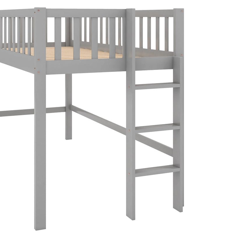 Lit mezzanine bas en pin massif pour jumeaux avec toboggan amovible et échelle verticale côté droit