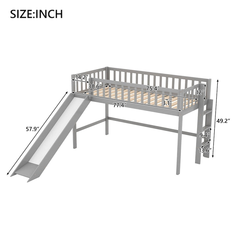 Lit mezzanine bas en pin massif pour jumeaux avec toboggan amovible et échelle verticale côté droit