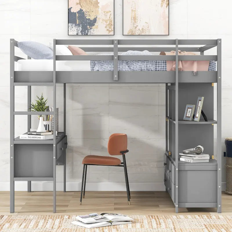 Lit mezzanine en pin avec bureau intégré à deux tiroirs, étagères et tiroirs de rangement