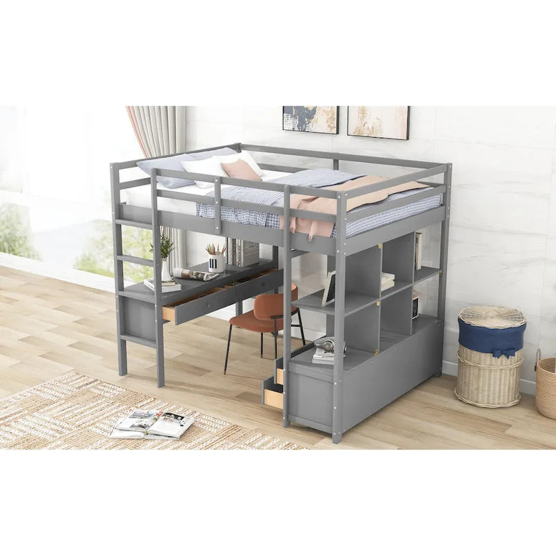 Lit mezzanine en pin avec bureau intégré à deux tiroirs, étagères et tiroirs de rangement